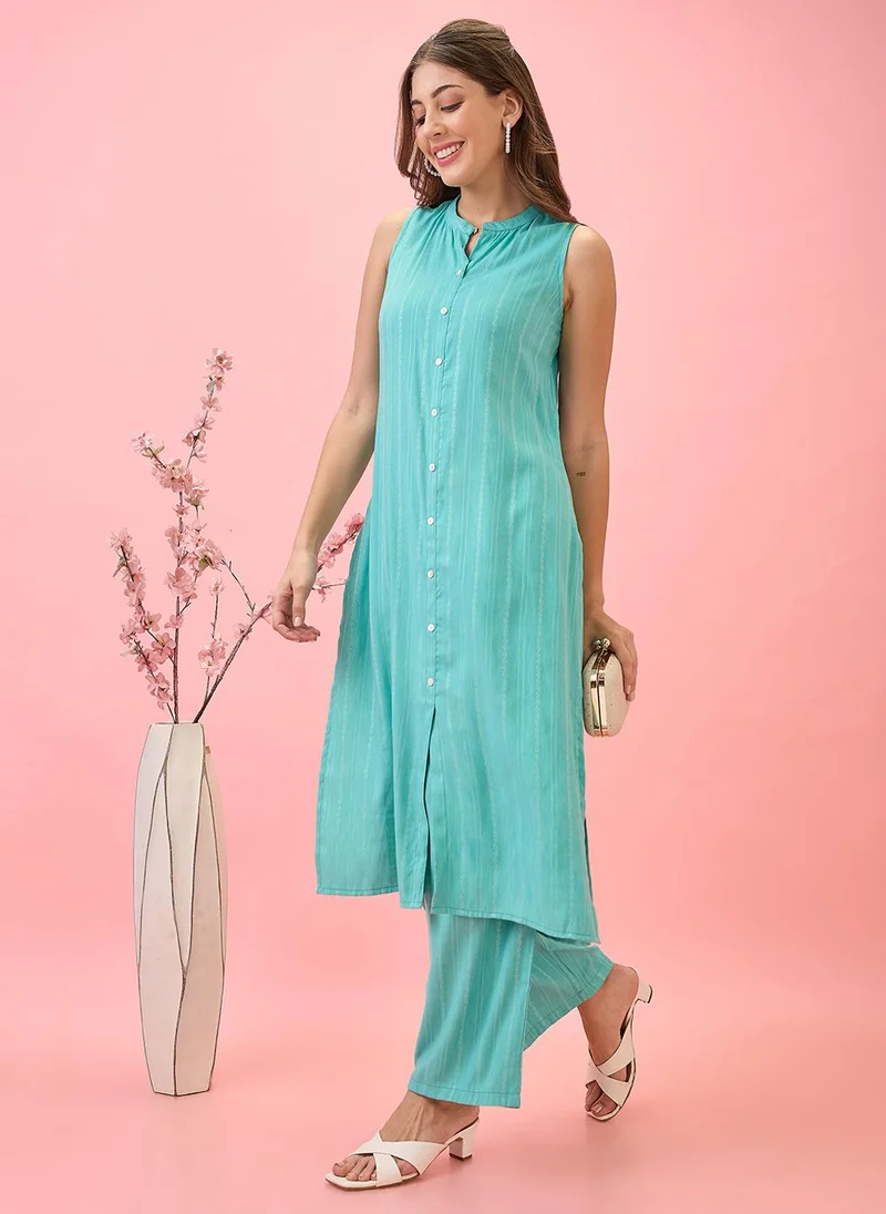 globus Globus Women Mandarin Collar Woven Design Front Slit A-Line Kurta With Pants Workwear Set
